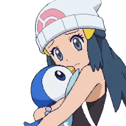 Pixel art of Dawn hugging Piplup